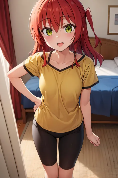 1 girl, best quality, ultra high res, long hair, red hair, green eyes, looking at viewers, small breast, standing, pov, slim body, loli body, small body, smile, open mouth, t-shirt, yellow shirt, short sleeves, bike shorts, bedroom, white bed sheets,