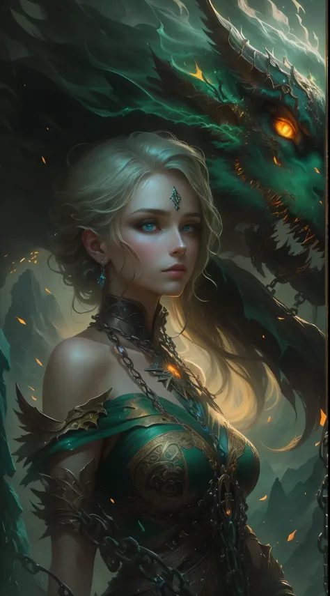 A woman holding chains and a glowing green demon, Abaddon and Magali Villeneuve, stands tall in front of a magnificent fantasy landscape. The womans eyes are captivating, with intricate details that reflect the intensity of her emotions. Her lips are delic...