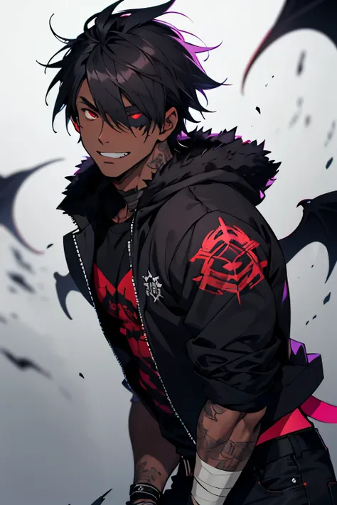 Dark brown skin, half human half demon, deformed mouth, scarred mouth, bandage around one eye, black silky hair soft hair anime hair, man, red eyes, emo clothing, punk clothing, muscular, dark skin