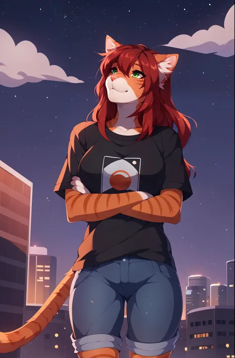 Sam, solo, orange tabby cat, crimson red hair, green eyes, orange tabby cat tail and ears, wearing black nerdy shirt, jean shorts, standing, (looking up at the sky)1.3, chin up, by fumiko, by hyattlen, by hioshiru, on a grassy hill, cell shading, nighttime...