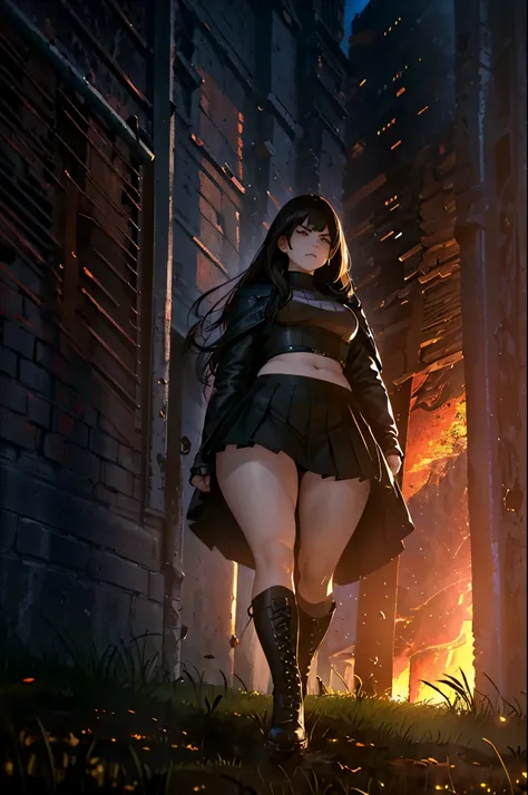 (angry:1.1,thicc:1.1,curvy body:1.1,4 women:1.1,running on the mud,long hair,wearing pleated skirt,wearing black boots,viewed from below,underwear),oil painting,dramatic lighting,realistic,vivid colors,contrasting shadows,brown and earthy tones.