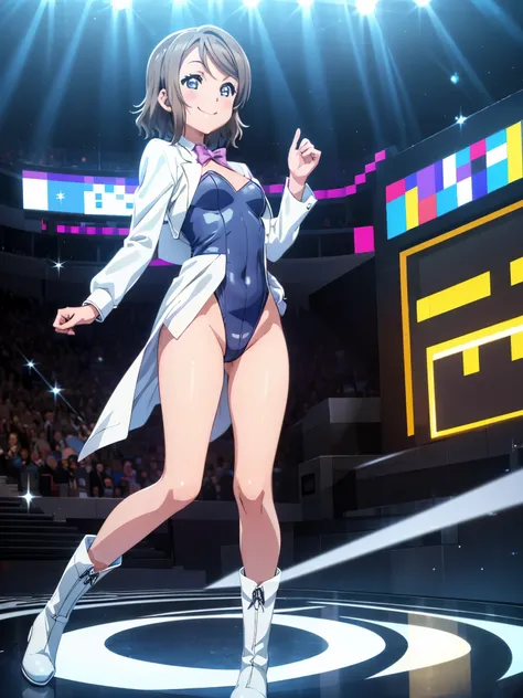 (((pixel-perfect, detail-perfect))), solo, 1girl, you watanabe, magician, tuxedo, leotard, bare legs, boots, looking at viewer, smile, standing