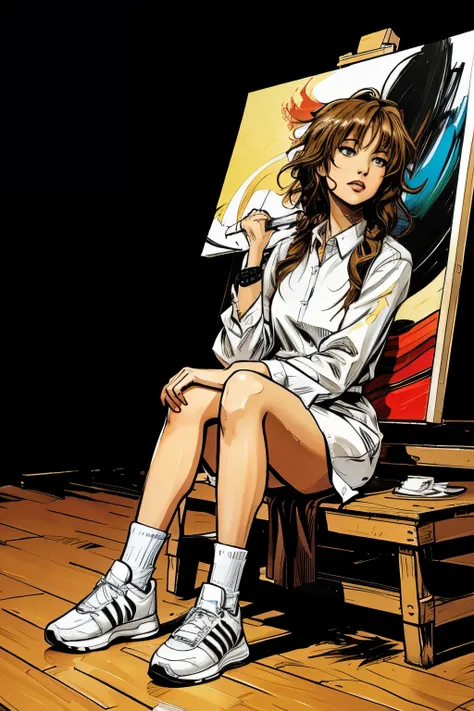 Comic book cover of a female art designer wearing a big baggy essy white shirt and adidas paits with messy hair  holding a paint brush and a big canvas behind her with a painting of a dress