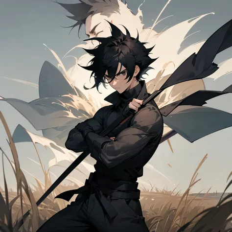 1male , Muscular , Black Hair , Spiky Hair , Messy Hair , Fitted Black Turtleneck Warn Under,Gray Overclothing, Layered Clothing , Baggy Grey Pants, Black Eyes , Serious Expression , Grasslands background , Perfect Generation , Martial Arts Clothing , Stro...