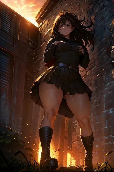 (angry:1.1,thicc:1.1,curvy body:1.1,4 women:1.1,running on the mud,long hair,wearing pleated skirt,wearing black boots,viewed from below,underwear),oil painting,dramatic lighting,realistic,vivid colors,contrasting shadows,brown and earthy tones.