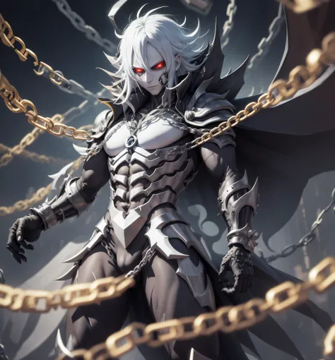 personaje de anime con cadenas y cadenas alrededor del cuello, Badass Anime 8K, Mejor fondo de pantalla de Anime 4K Konachan, epic anime style, esqueleto encadenado, Este personaje tiene crioquinesis, an epic anime of an energy man, chaos nightmare ❄️ amou...