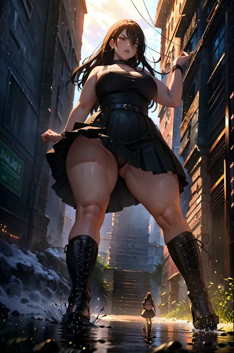 angry thicc curvy body ten women running on the mud, with long hair, wearing pleated skirt and black boots, viewed from below, underwear