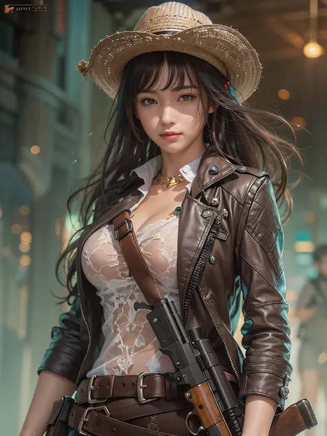 ((Finest quality)),(超A high resolution),(ultra-detailliert),(Meticulous portrayal),((Best CG)),(Finest works of art),Ultra-Precision Art,The art of astounding depiction,(Fantasy art with detailed depictions:1.5), (one female gunman:1.7),confident grin:1.5,...