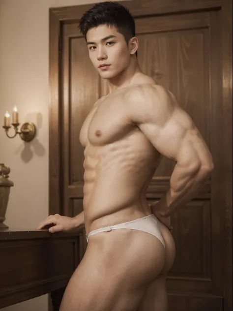 masterpiece, best quality, high quality, intricate details, perfect lightings, 1boy, solo, male focus, standing back, backward to viewers, showing huge male butt, round muscular ass, a young handsome muscular vietnamese boy, male model, flexing, mischievou...