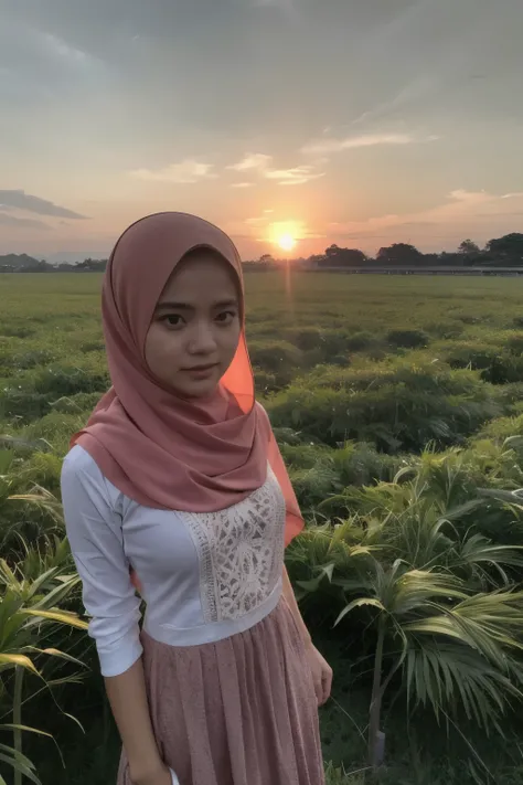 Seorang wanita berpakaian putih dengan jilbab pink dan celana panjang berdiri di tepi sawah. Di tangannya, dia memegang lembut seekor kucing putih. Di kejauhan, pohon kelapa menjulang tinggi, menciptakan siluet yang indah di langit senja. Cahaya matahari t...