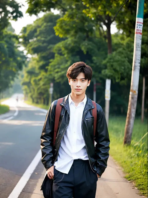 Generate a handsome 20 years old boy standing on road side.