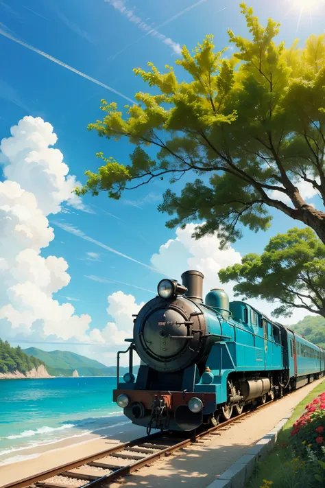 A train in paradise with sand, crystal clear water, blue sky, sun, flowers and trees