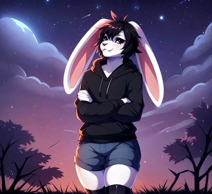 Sadie, solo, cute white lop rabbit, small cute snout, emo black hair, dark grey eyes, white sclera, floppy rabbit ears, (ears drooping down):1.3, wearing black hoodie, jean shorts, standing, hands in pockets, (looking up at the sky):1.3, chin up, by fumiko...