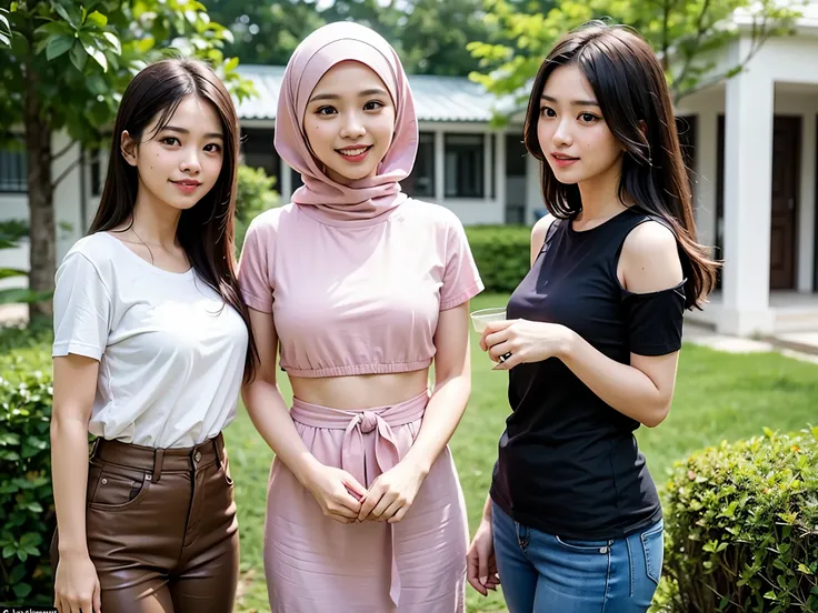 realistic, sfw, beautiful indonesian girl no chlotes, embarrassed smile, Seorang wanita berpakaian putih dengan jilbab pink dan celana panjang ,setengah telanjang, tidak pakai baju, tidak memakai bra, berdiri di tepi sawah. Di tangannya, dia memegang lembu...