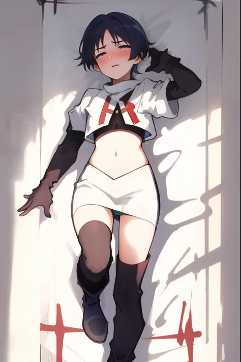 absurdres,masterpiece, trap, best quality, highres, high quality, 1boy, solo, male focus, hair, crossdressing,1boy,team rocket,team rocket uniform,white skirt,red letter R,crop top,black thigh-high boots,black elbow gloves, embarrassed, blush