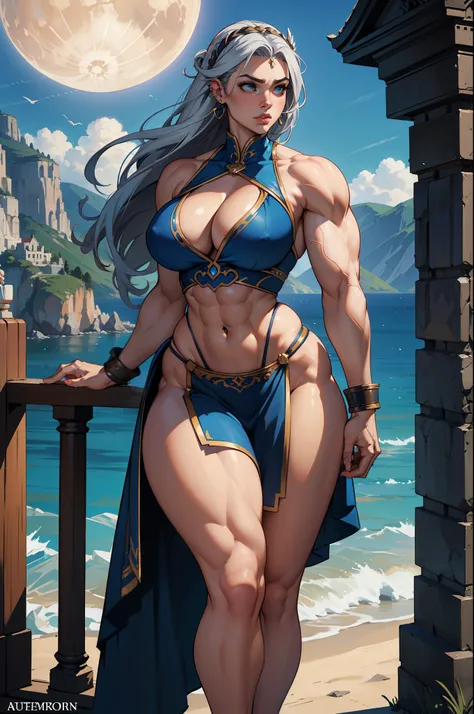 Masterpiece, Best quality, (Perfect face: 1.1), (high detail: 1.1), Hera, Goddess of motherhood and chastity, bathing scene, dramatic, female triplets, huge breasts, gray hair, gray hair, blue eyes , cleavage, long hair, solid, big, moon, transparent, nigh...