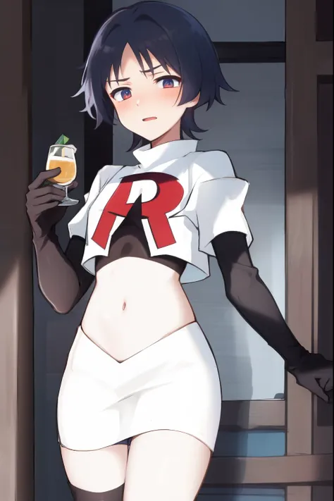 absurdres,masterpiece, trap, best quality, highres, high quality, 1boy, solo, male focus, hair, crossdressing,1boy,team rocket,team rocket uniform,white skirt,red letter R,crop top,black thigh-high boots,black elbow gloves, embarrassed, blush