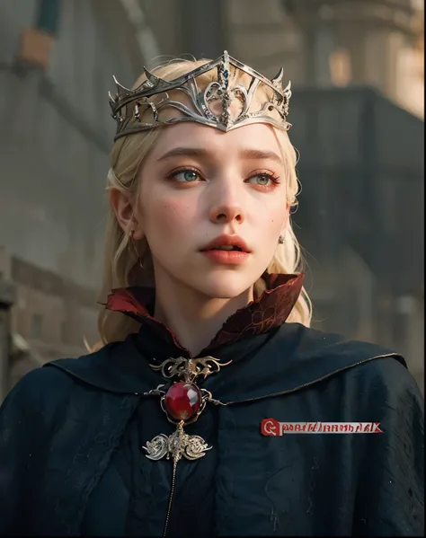 imagem arafada de uma mulher com uma coroa e uma capa preta, Cate Blanchett como rainha medieval, como um personagem de fantasia medieval, diadem on the head, uma rainha elfa, Daenerys, Natalie Dormer, of elven queen galadriel, Brienne de Tarth, Daenerys t...