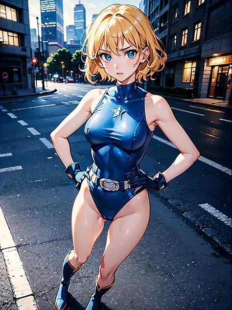 1girl, medium breasts, leotard, light blue leotard bare legs, tight belt, boots, gloves, city backdrop, solo, single, hands on hip, standing, full body shot, cowboy shot, superhero, beautiful detailed eyes, power, diffraction spikes, blonde hair, short hai...