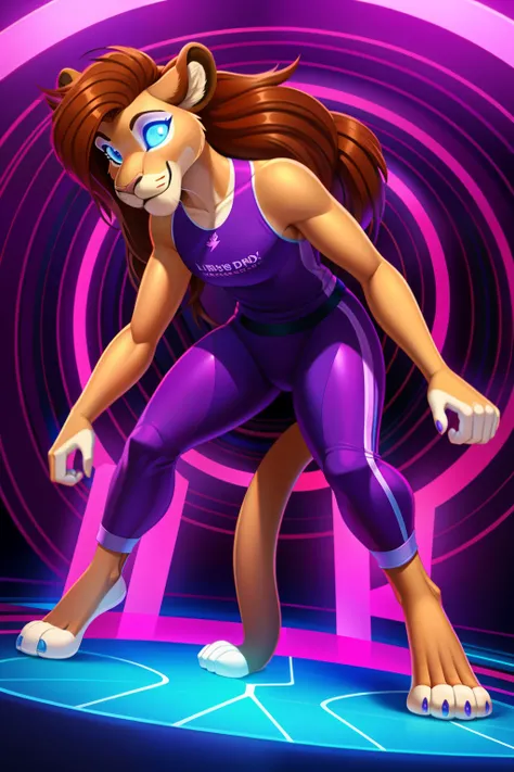 housewife, lioness anthro, brown hair, blue eyes, glowing eyes, purple sportswear, mind-controlled, hypnotized, dazed, 3D Disney style, full body