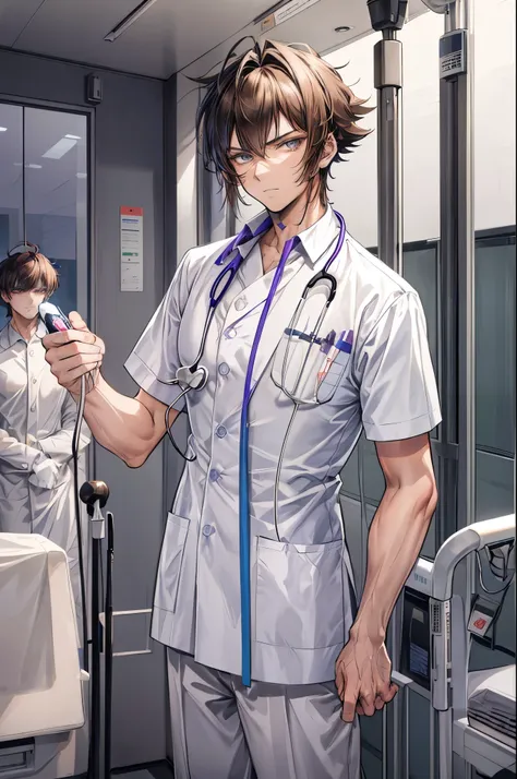 (flat color:1.1),(masterpiece:1.2), best quality, masterpiece, original,medium length boyish manly shaggy spiky brown hair (mature, handsome man looking at the camera at a hospital:1.5), wearing a scientist uniform