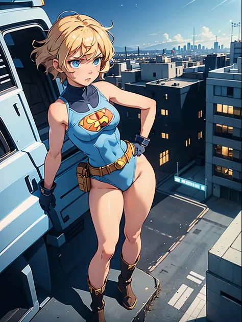 1girl, medium breasts, leotard, light blue leotard, bare legs, tight belt, boots, gloves, city backdrop, solo, single, hands on hip, standing, full body shot, cowboy shot, superhero, beautiful detailed eyes, power, diffraction spikes, blonde hair, short ha...