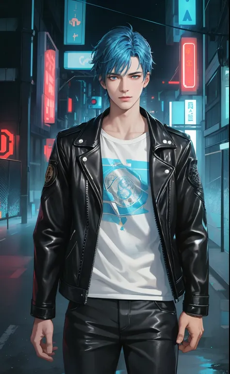 masterpiece, best quality, 1 male, adult, handsome, tall skinny guy, blue hair, finely detailed eyes and detailed face, extremely detailed CG unity 8k wallpaper, cyberpunk, intricate details, intricate details, short hair, grunge, happy expression, dark, l...