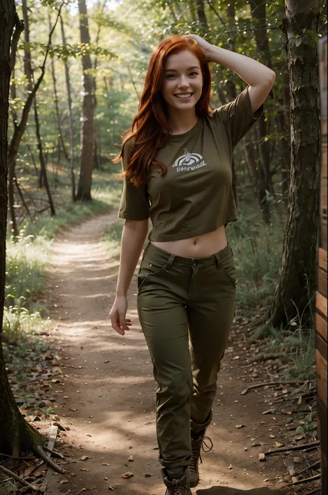 young woman with red hair, sexy body, wearing olive t-shirt, brown pants, brown hiking boots, smiling, out in the woods