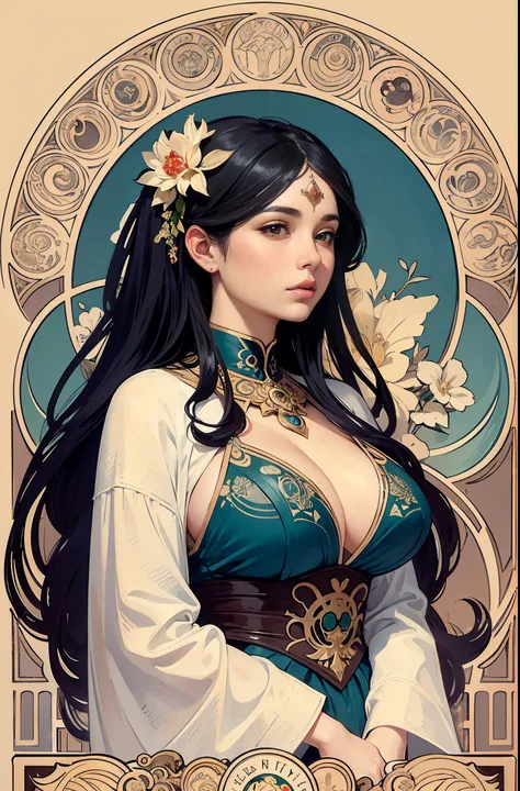 ((masterpiece)), (best quality), (cinematic),  art nouveau style sumi-e painting ,goddess of light, large breasts, big eyes, long thick eyelashes, cleavage, full lips, long thick hair, wide hips, high ponytail. Flower_background, featuring intricate design...