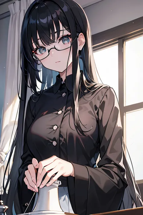 A dark-haired　Gray eyes　pant suit　eye glass　Chess　Chess盤　Aligned bangs　Patsun bangs　poneyTail　​masterpiece　Top image quality　denoise　Clear 　cinematic shadow　Increased attractiveness of the eyes　Clear the shine of the eyes　Draw eyelashes neatly　Perfect Eye　...