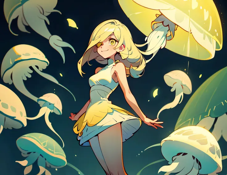 Sharp details、lily of the valley、Gorgeous and beautiful atmosphere、concept art illustration、masutepiece, Best Quality, hight resolution, Luzamine(A pokémon), Long hair, Platinum Hair,straight haired,yellow  eyes, 1girl in, Solo, ノースリーブturtle neck, White Dr...