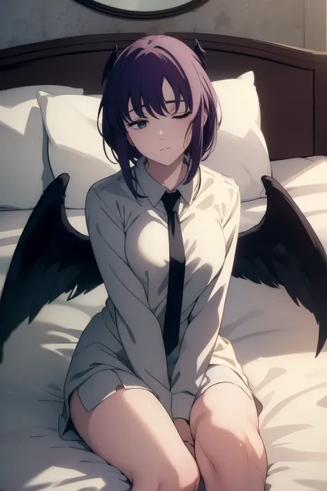 ((beautiful face)), ((masterpiece)), tired angel with ripped wings, sitting on her knees, ((w legs)), on bed, ((sleep expression)), looking down