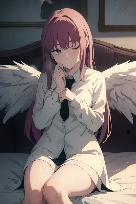 ((beautiful face)), ((masterpiece)), tired angel with ripped wings, (sitting on her knees), (w legs), on bed, ((sleep expression)), looking down, long white hair, (zoomed out:1.5), ethereal, heavenly lighting