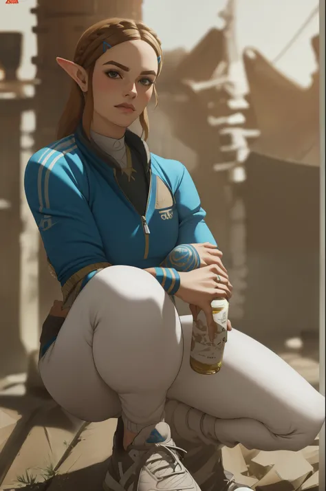 (best quality,ultra-detailed,realistic:1.37), a very confidant badass arrogant cocky boss attitude pricess zelda, nintendo, the legend of zelda, botw wearing adidas tracksuit slav squatting with both of her hands in her pants pockets with a mean face with ...