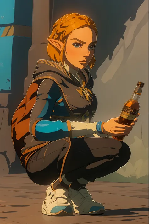 (best quality,ultra-detailed,realistic:1.37), a very confidant badass arrogant cocky boss attitude pricess zelda, nintendo, the legend of zelda, botw chav wearing adidas tracksuit slav squatting with both of her hands in her pants pockets with a mean face ...