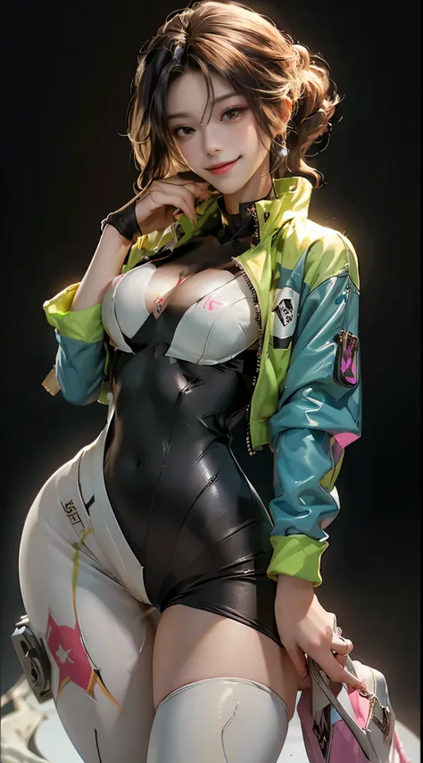 8K, Best Quality, Masterpiece, Ultra High Resolution, 1 smiling Cyberpunk Girl wearing Harajuku tech jacket with corporate logos, sexy skintight body suit, insane details, full body shot, Beautiful Eyes and Face Details, Masterpiece, Best Quality, Master W...