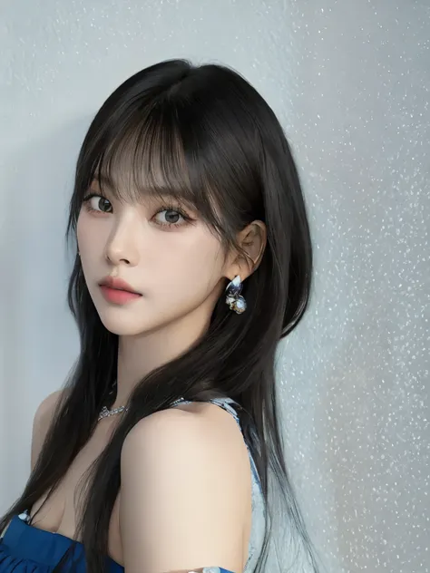 Mujer arafed con largo cabello negro y vestido azul., Lalisa Manobal, silver arete, ulzzang, SSAO 8 K, Jinyoung Shin, Render de abril, Sakimichan, con flequillo, Sun Yunjoo, arete, neat hair con flequillo, Capturado con Canon EOS R 6, Shikamimi, [ foto rea...