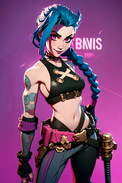 (jinx_league_of_legends), 1girl, solo, long hair, looking at viewer, blush, smile, gloves, navel, holding, bare shoulders, very long hair, blue hair, weapon, braid, small breasts, teeth, choker, striped, belt, pants, hand up, fingerless gloves, pink eyes, ...