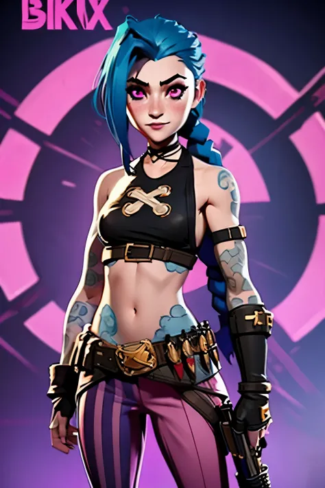 (jinx_league_of_legends), 1girl, solo, long hair, looking at viewer, blush, smile, gloves, navel, holding, bare shoulders, very long hair, blue hair, weapon, braid, small breasts, teeth, choker, striped, belt, pants, hand up, fingerless gloves, pink eyes, ...