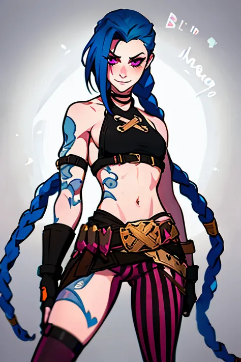 (jinx_league_of_legends), 1girl, solo, long hair, looking at viewer, blush, smile, gloves, navel, holding, bare shoulders, very long hair, blue hair, weapon, braid, small breasts, teeth, choker, striped, belt, pants, hand up, fingerless gloves, pink eyes, ...