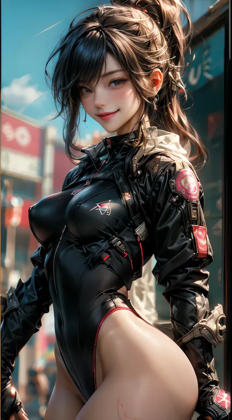 8K, Best Quality, Masterpiece, Ultra High Resolution, 1 smiling Cyberpunk Girl wearing Harajuku tech jacket with corporate logos, sexy skintight body suit, insane details, full body shot, Beautiful Eyes and Face Details, Masterpiece, Best Quality, Master W...