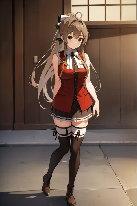 isuzusento, isuzu sento, ahoge, (brown eyes:1.7), light brown hair, long hair, ponytail, hair ribbon, ribbon, (medium breast:1.2...