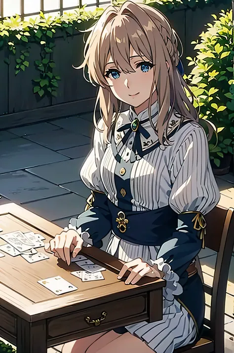 Violet Evergarden, long blonde hair, blue eyes, sitting on chair, smiling, playing cards, cards lying on table, home outfit, civil clothing, one character, sitting next to viewer