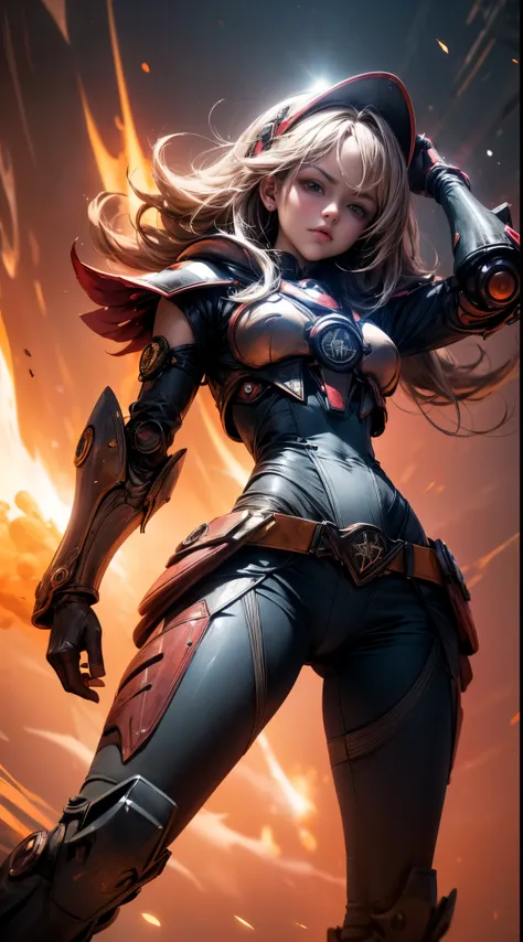 (Masutepiece,extremadamente detallado, Mechas pesadas, superficie dura),(Arte conceptual:1.1),(shielded core style:0.8), A woman in robo ninja armor is standing.,(cuerpo rojo:1.1),(patas largas:1.1),(Equipado con sable y cadena.:1.1),(Un ojo detallado:1.3)...