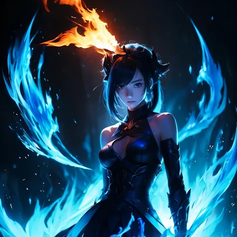 Dark background anime characters with blue fire