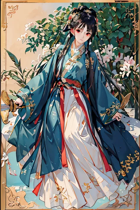 Best quality，Complicated details，A high resolution，（Beautiful and delicate water：1.4），（Hanfu，Tang Feng），red eyes，(A boy with a sword at his waist：1.1），