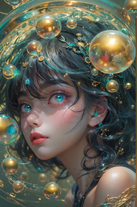 (masterpiece, top quality, best quality, official art, beautiful and aesthetic:1.2), (1 naked girl:1.2), cute, extreme detailed,(abstract:1.4, fractal art:1.3),(black_hair:1.1), gold eyes,colorful,highest detailed, Beautiful girl trapped inside a big soap ...