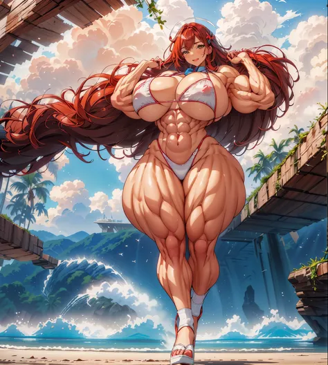 a woman with long flowing red hair, muscular!!, muscular!, commission for high res, (sfw) safe for work, most strongest pose, muscular girl, muscular character, muscular!!!, bursting with muscles, oc commission, strong and imposing, thicc, muscle, large mu...