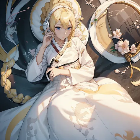 (((White Headphone))), (((Blonde))), (((Tall))), (((Slender))), (((Hanbok))), cleavage, (((Beautiful face))), Dragon Pattern, (((anime))), (((pastel)))