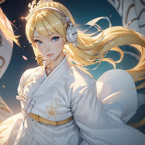 (((White Headphone))), (((Blonde))), (((Tall))), (((Slender))), (((Hanbok))), cleavage, (((Beautiful face))), Dragon Pattern, (((anime))), (((pastel)))